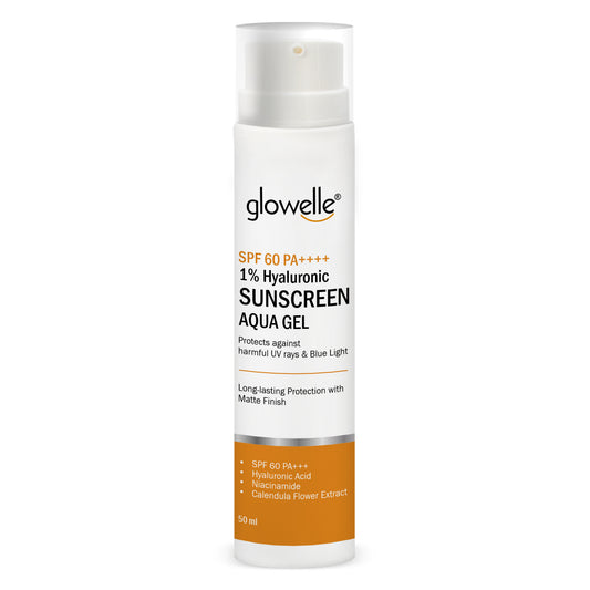 Glowelle 1% Hyaluronic Sunscreen Aqua Gel With SPF 60 PA++++ For Complete UV Protection, Matte Finish, and Skin Nourishment | No White Cast | with Niacinamide for Oily Skin- 50ml