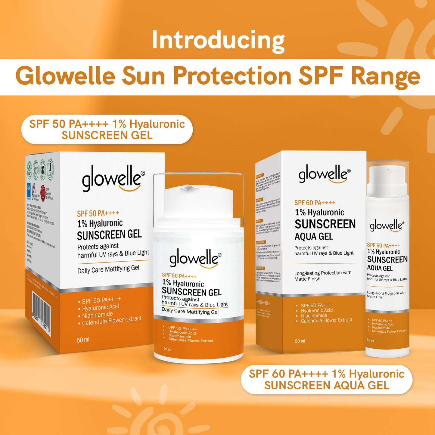 Glowelle 1% Hyaluronic Sunscreen Aqua Gel With SPF 60 PA++++ For Complete UV Protection, Matte Finish, and Skin Nourishment | No White Cast | with Niacinamide for Oily Skin- 50ml