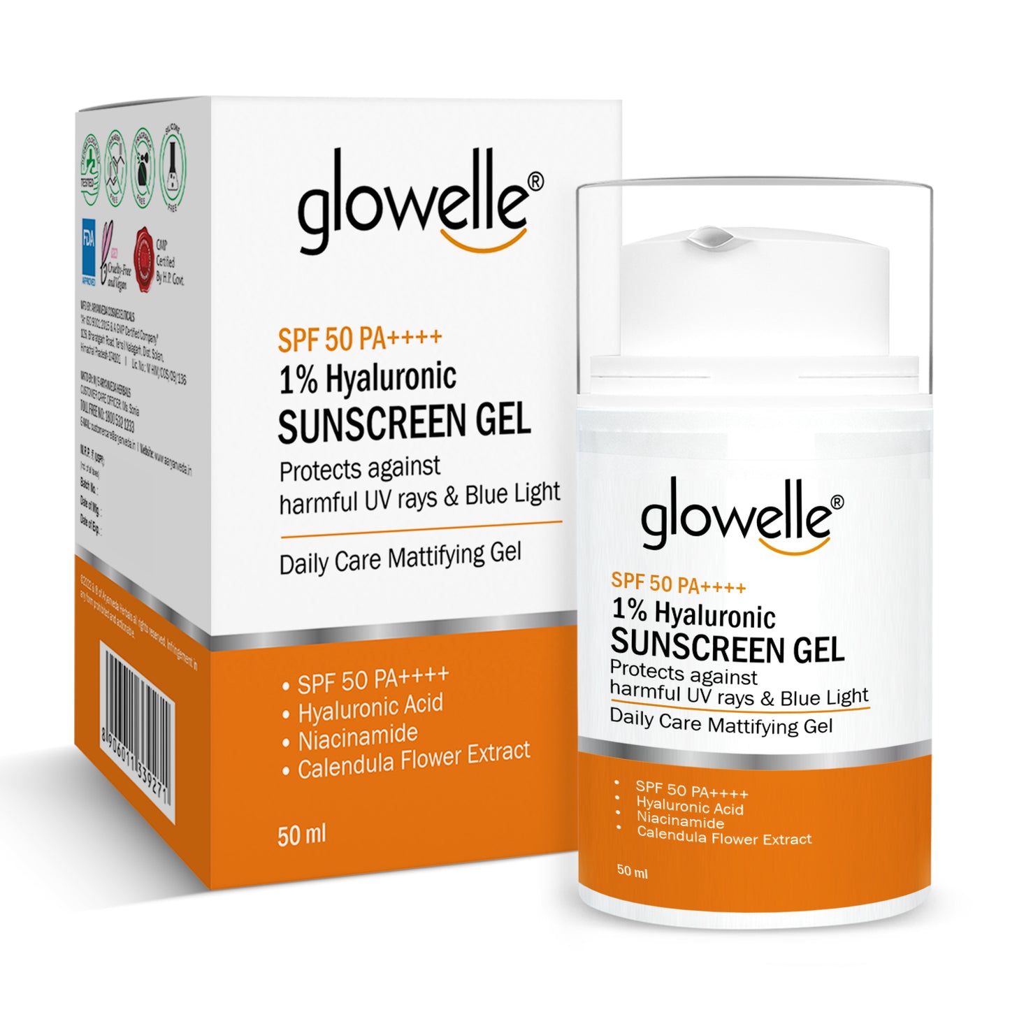Glowelle 1% Hyaluronic Sunscreen Gel With SPF 50 PA++++ for Broad Spectrum, UVA UVB & Blue Light Protection, Lightweight, No white-cast, Mattifying Gel - 50ml