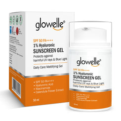 Glowelle 1% Hyaluronic Sunscreen Gel With SPF 50 PA++++ for Broad Spectrum, UVA UVB & Blue Light Protection, Lightweight, No white-cast, Mattifying Gel - 50ml