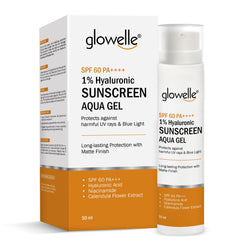 Glowelle 1% Hyaluronic Sunscreen Aqua Gel With SPF 60 PA++++ For Complete UV Protection, Matte Finish, and Skin Nourishment | No White Cast | with Niacinamide for Oily Skin- 50ml