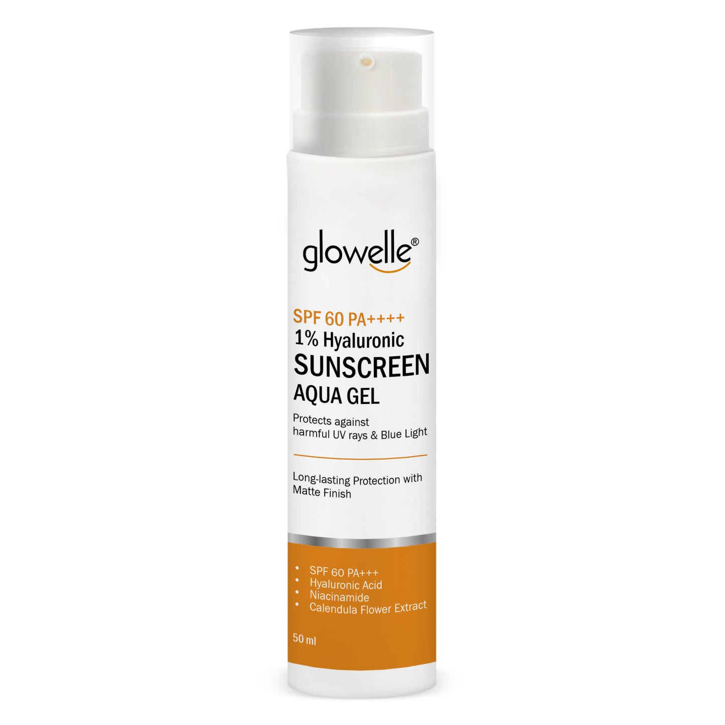 Glowelle 1% Hyaluronic Sunscreen Aqua Gel With SPF 60 PA++++ For Complete UV Protection, Matte Finish, and Skin Nourishment | No White Cast | with Niacinamide for Oily Skin- 50ml