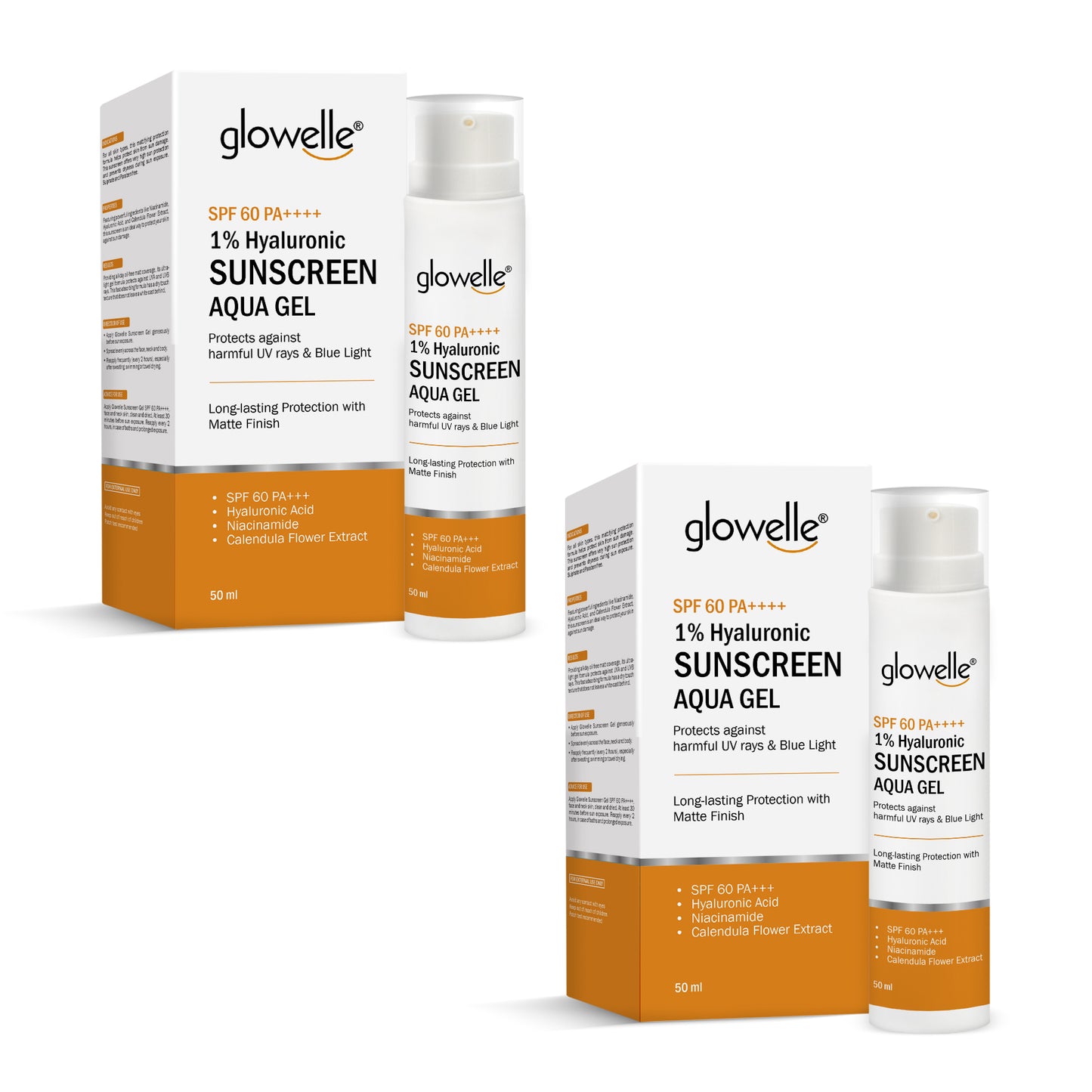 Glowelle 1% Hyaluronic Sunscreen Aqua Gel With SPF 60 PA++++ For Complete UV Protection, Matte Finish, and Skin Nourishment | No White Cast | with Niacinamide for Oily Skin- 50ml