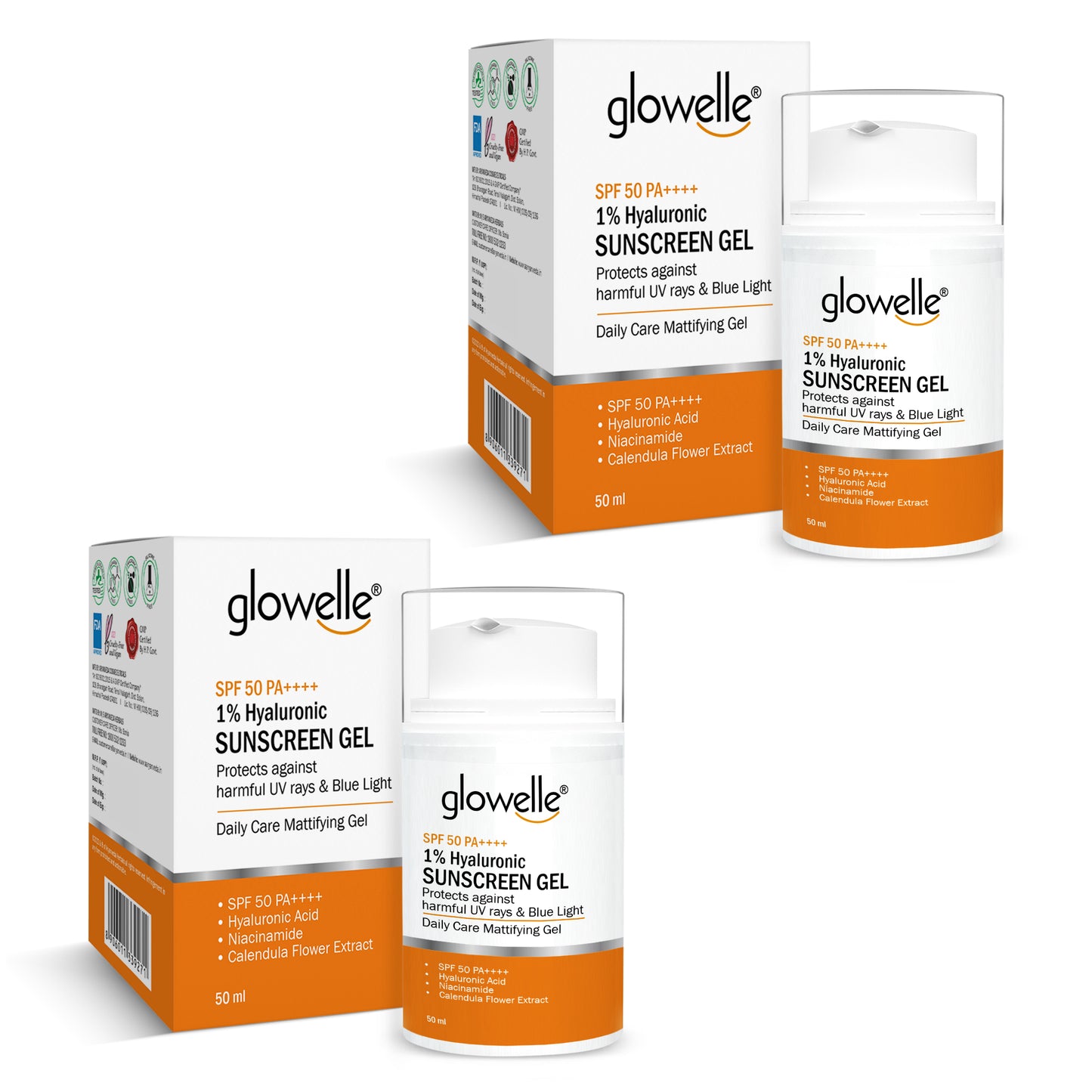 Glowelle 1% Hyaluronic Sunscreen Gel With SPF 50 PA++++ for Broad Spectrum, UVA UVB & Blue Light Protection, Lightweight, No white-cast, Mattifying Gel - 50ml