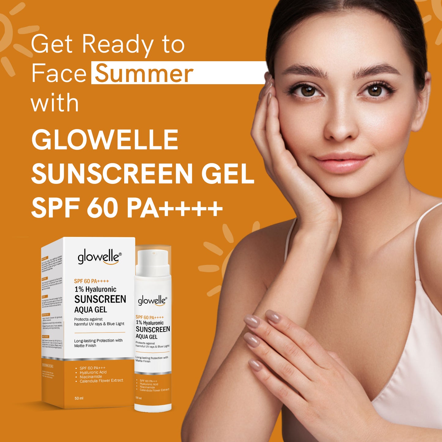 Glowelle 1% Hyaluronic Sunscreen Aqua Gel With SPF 60 PA++++ For Complete UV Protection, Matte Finish, and Skin Nourishment | No White Cast | with Niacinamide for Oily Skin- 50ml