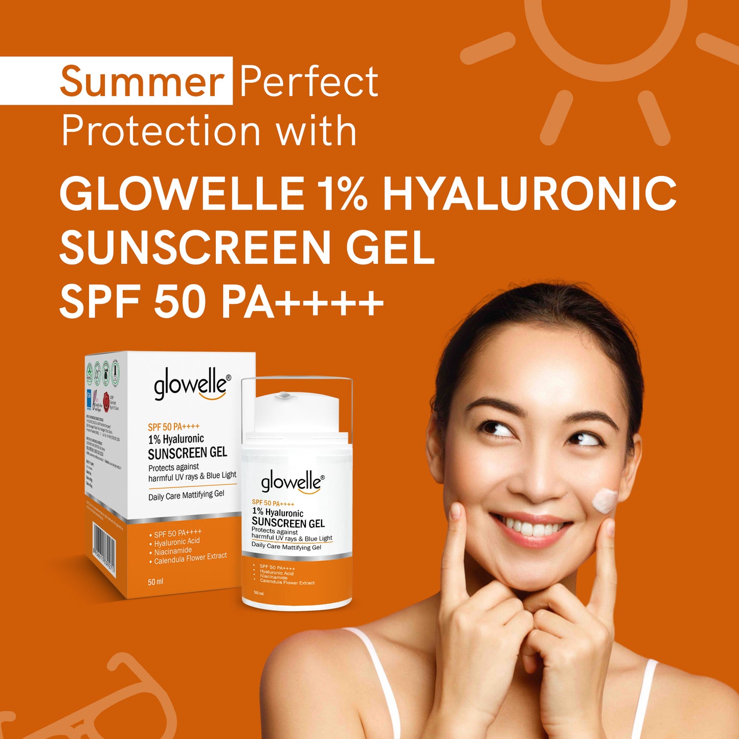 Glowelle 1% Hyaluronic Sunscreen Gel With SPF 50 PA++++ for Broad Spectrum, UVA UVB & Blue Light Protection, Lightweight, No white-cast, Mattifying Gel - 50ml
