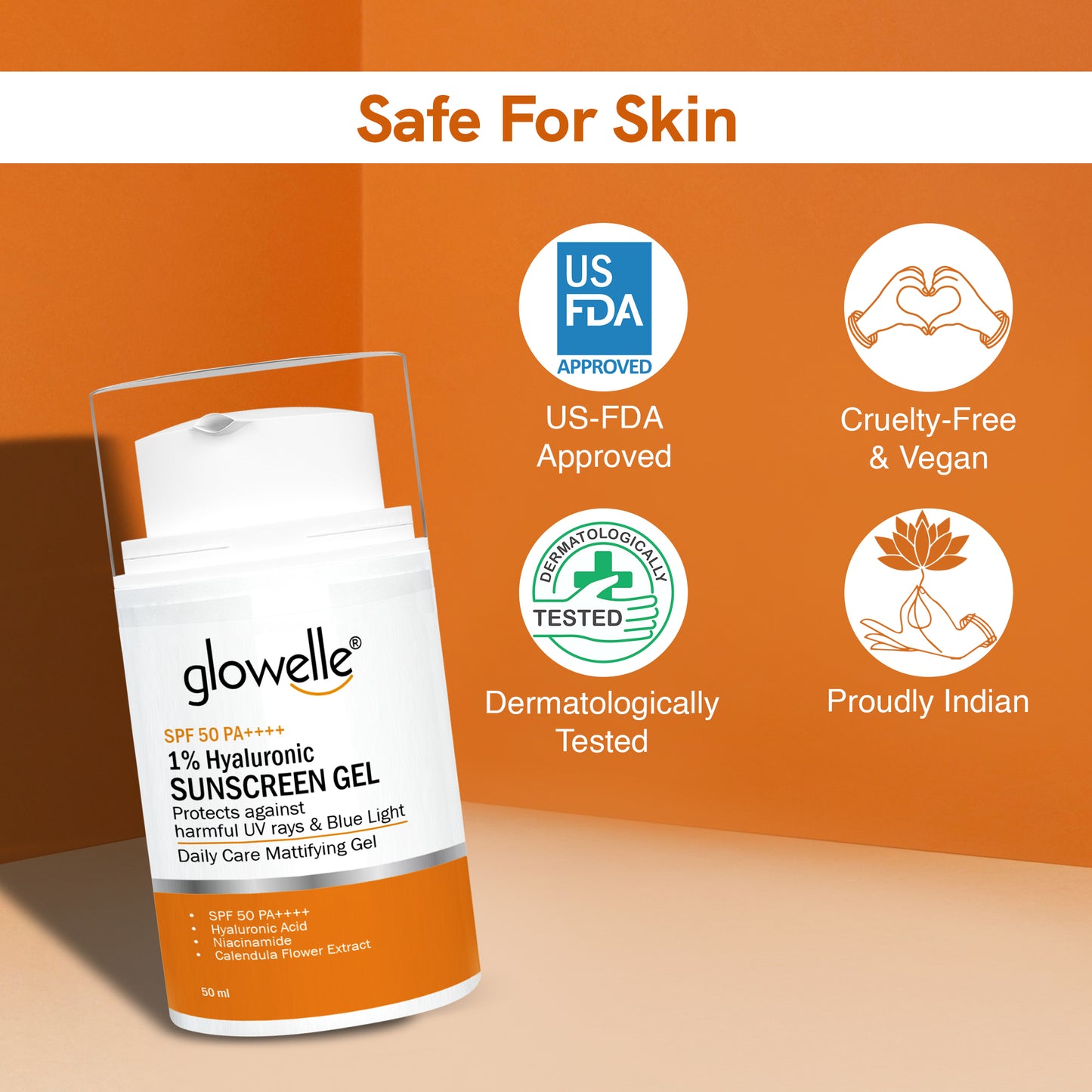 Glowelle 1% Hyaluronic Sunscreen Gel With SPF 50 PA++++ for Broad Spectrum, UVA UVB & Blue Light Protection, Lightweight, No white-cast, Mattifying Gel - 50ml
