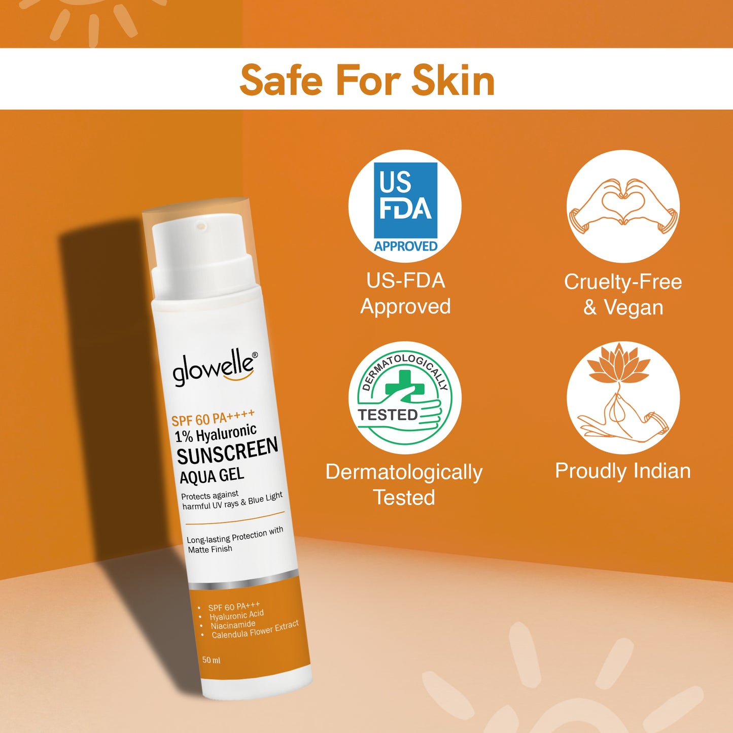 Glowelle 1% Hyaluronic Sunscreen Aqua Gel With SPF 60 PA++++ For Complete UV Protection, Matte Finish, and Skin Nourishment | No White Cast | with Niacinamide for Oily Skin- 50ml
