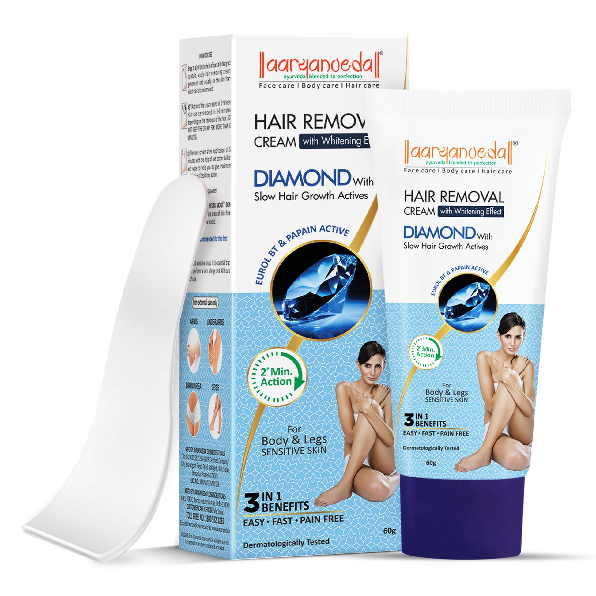 Hair removal cream packaging with visible branding on a white background