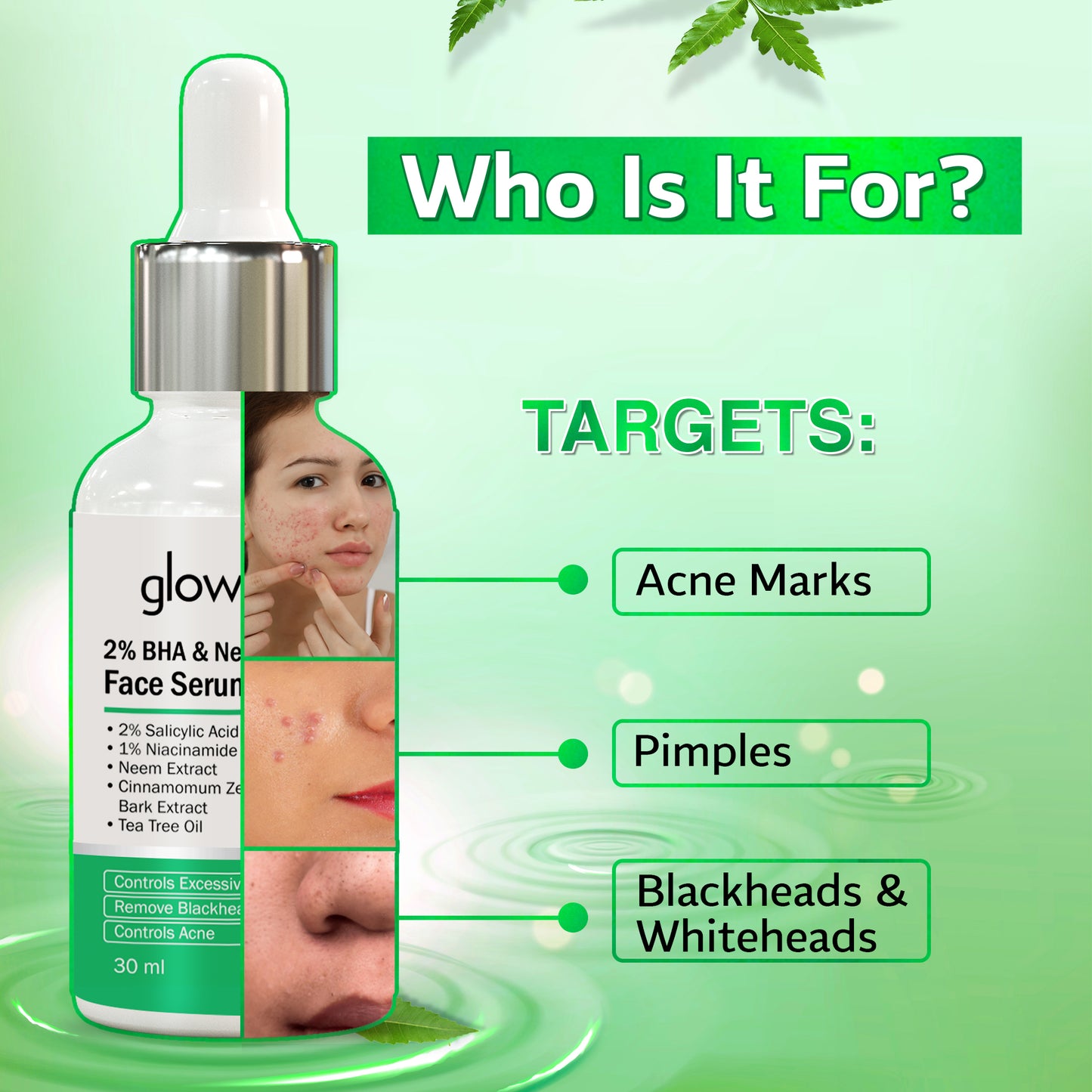 Glow Skin Care face serum with target benefits on a green background
