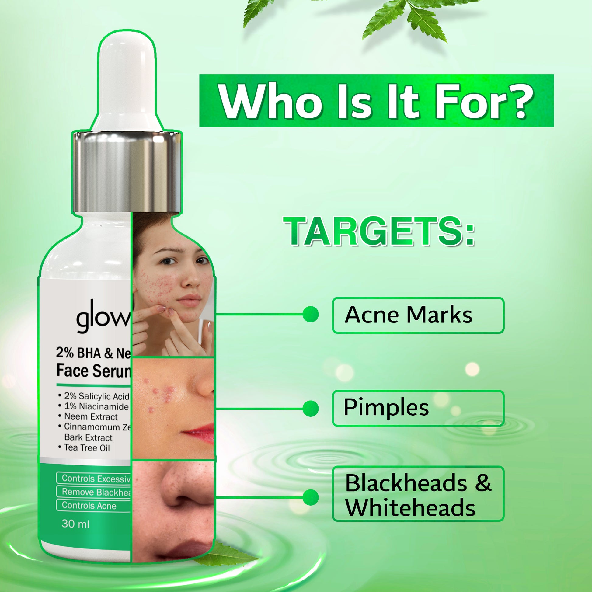 Glow Skin Care face serum with target benefits on a green background