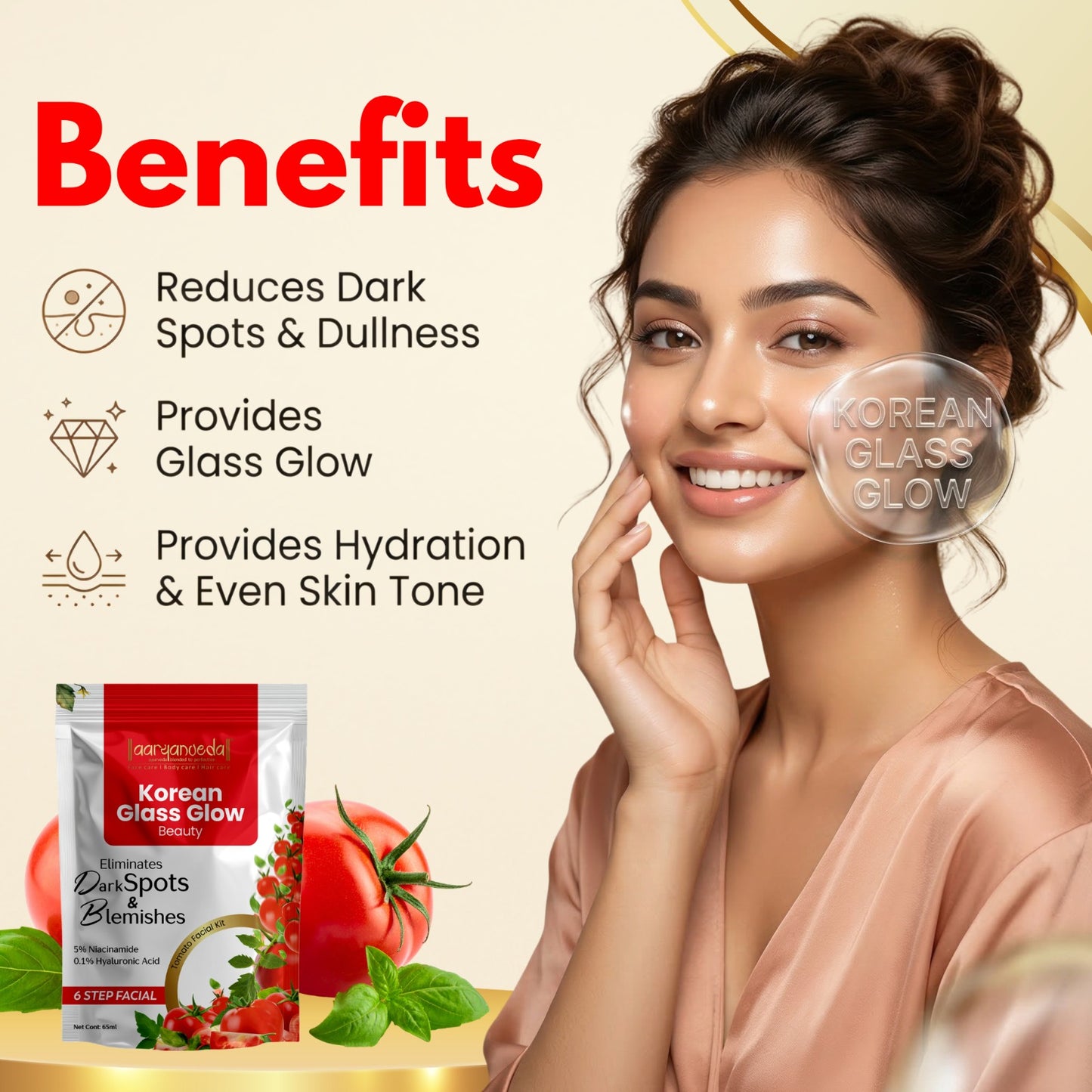 Korean Glass Glow Beauty Tomato Facial Kit With 5% Niacinamide & 0.1% HyaluronicAcid - 65 ml
