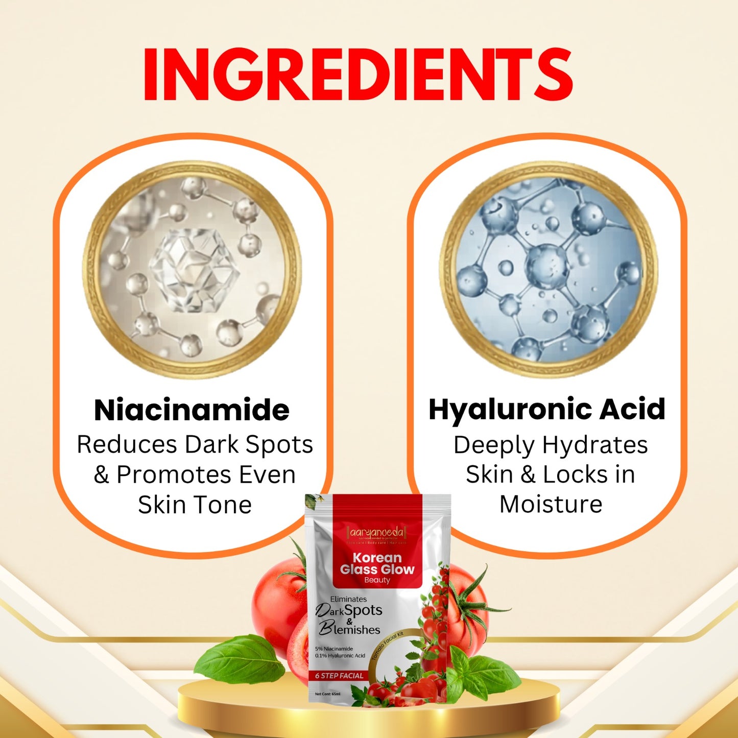 Korean Glass Glow Beauty Tomato Facial Kit With 5% Niacinamide & 0.1% HyaluronicAcid - 65 ml