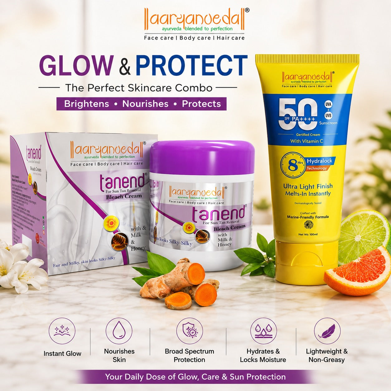 Glow & Protect Combo-( Tanend De-Tan Bleach Cream With Milk & Honey 450GM+ SPF 50 PA++++ Sunscreen With Vitamin C 100ML)