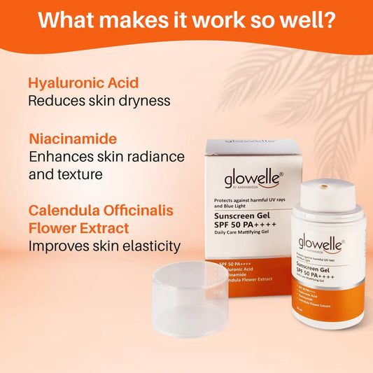 Aaryanveda Sunscreen Gel SPF 50 PA++++ And Glowelle Vitamin C 20% Serum Combo