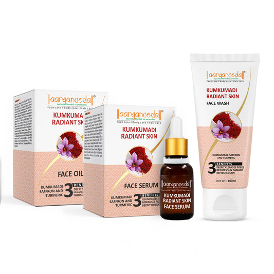 Aaryanveda Kumkumadi Radiant Glow Hamper (Kumkumadi Facewash 100ml+Kumkumadi Face Oil 15ml+ Kumkumadi Face Serum 15ml )