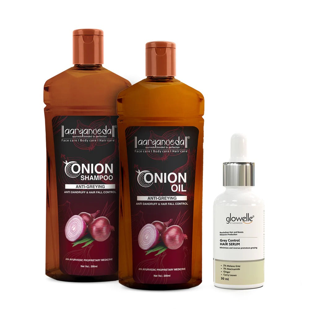 Anti - Greying Hair Protection Kit ( Onion Shampoo 100ml+Onion Oil 100ml+Grey Control hair serum 30ml )