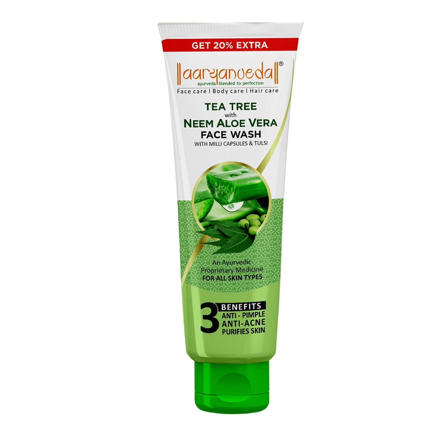 A green tube of Aaryanveda Tea Tree Neem Aloe Vera Face Wash with millicapsules and tulsi, designed for all skin types.